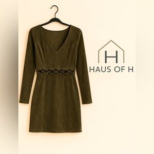Olive Green Long Sleeve V-Neck Dress
